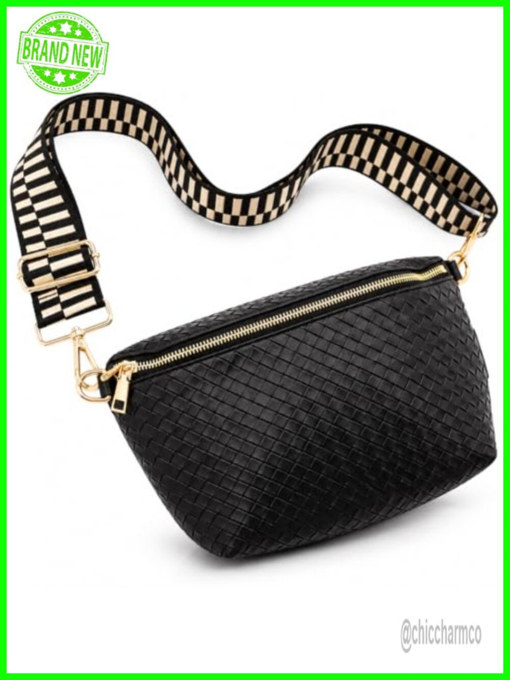 Woven Crossbody Bag Vegan Leather Sling Shoulder Belt Bag